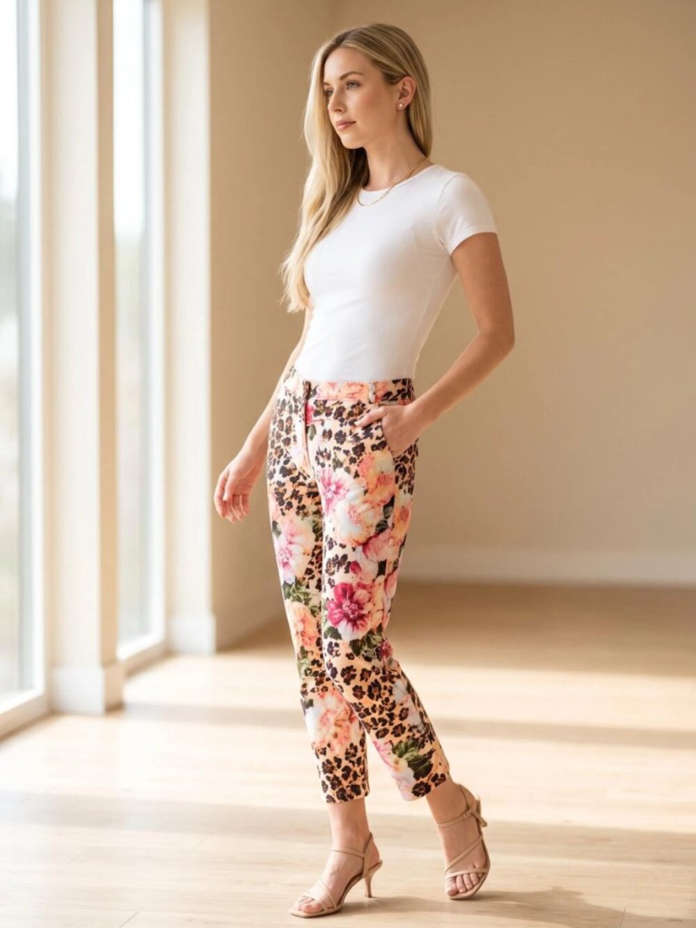 Women's Leopard Floral Woven Pants Size L NEW